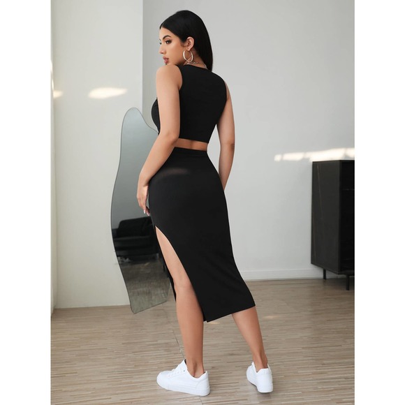 2 piece set: Tank crop Top & Split Thigh midi Skirt set black - Picture 4 of 7